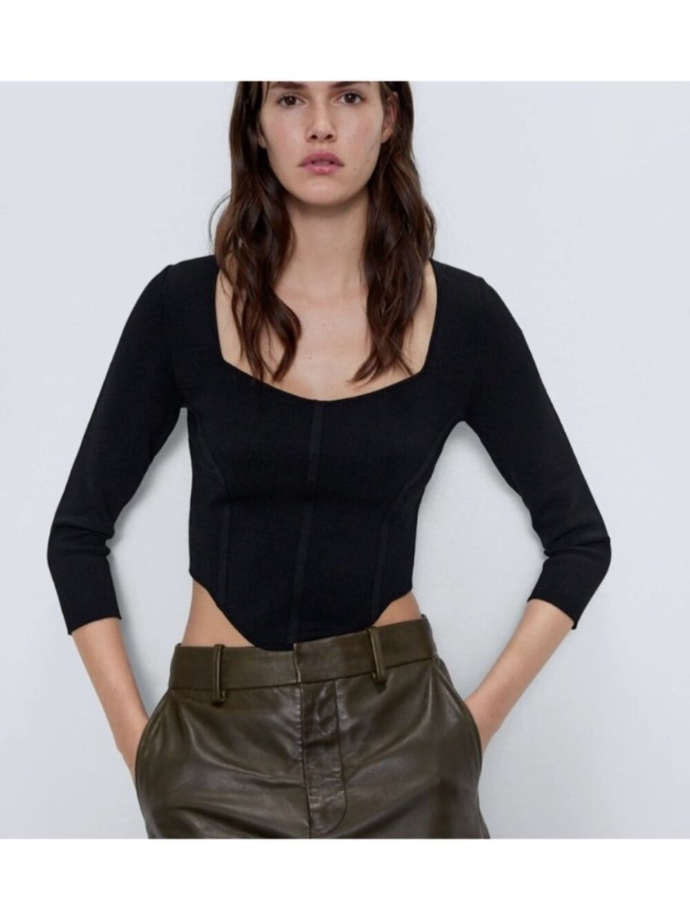 ZARA Women's Knit Corset Seaming Crop Top Black